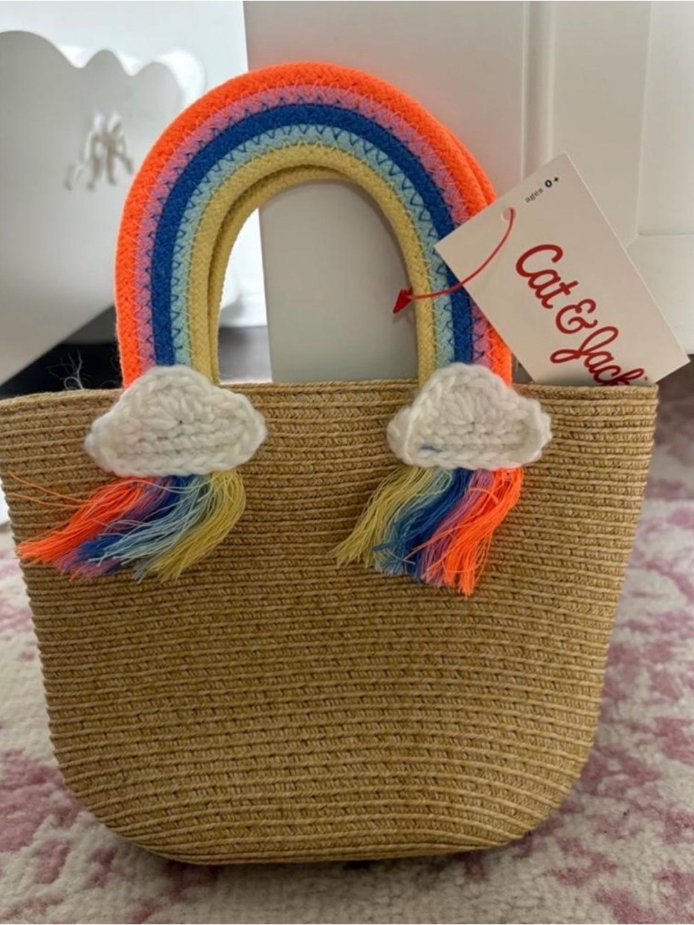 Cat & Jack Rainbow Handle Straw Tote Bag - Orange, Blue, Yellow